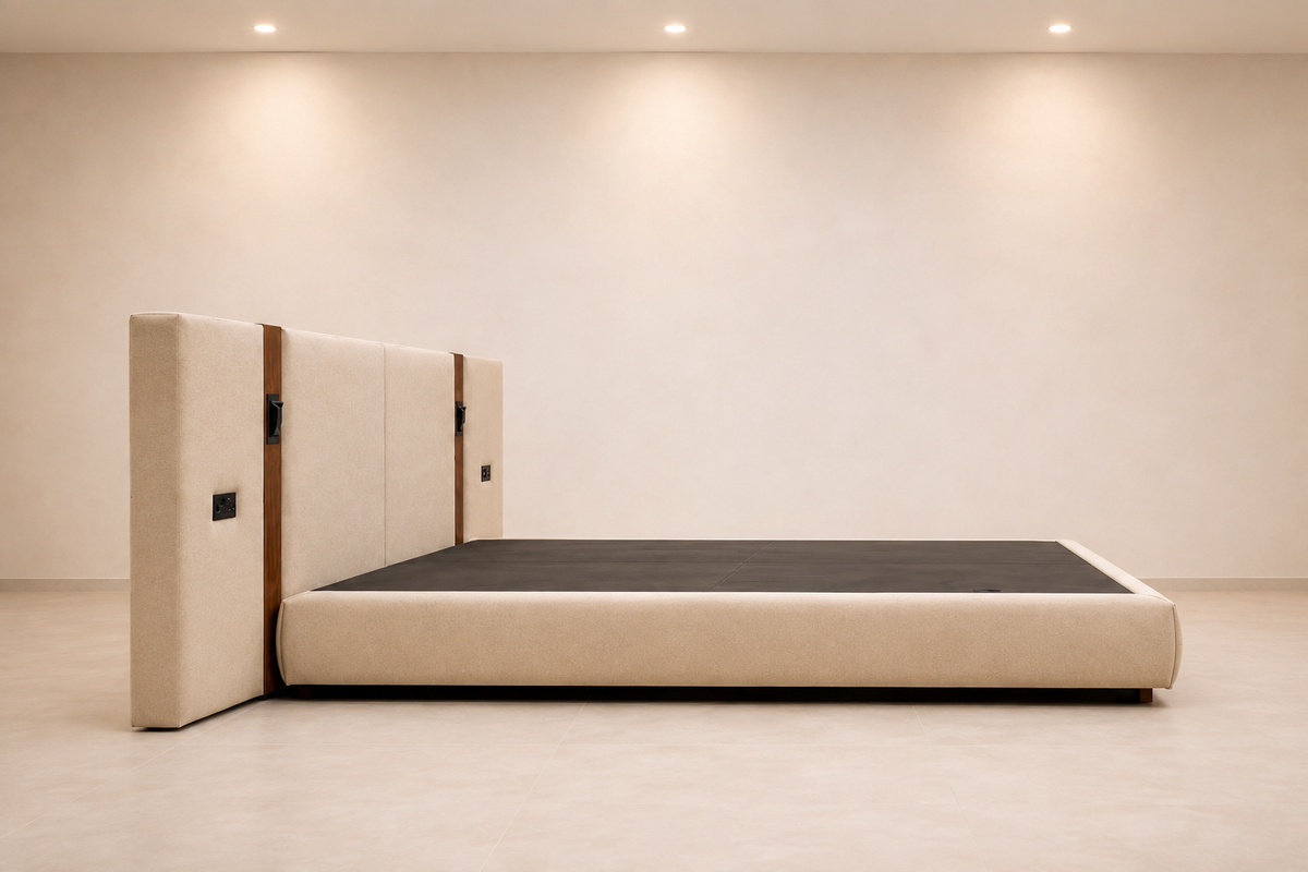 Modern Beige Luxury Upholstered Bed with Extended Headboard