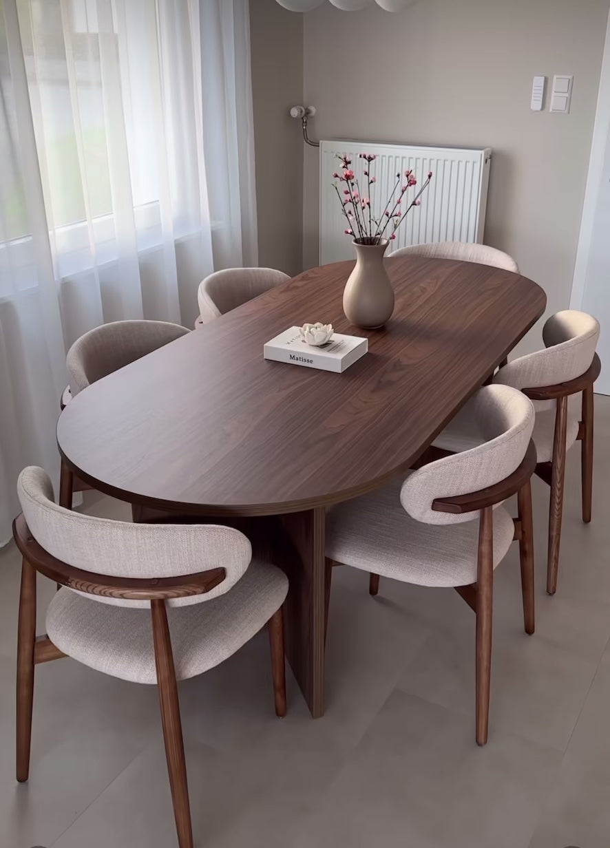 Load video: Ovale Dining Set — Oval Walnut Table &amp; Bouclé Dining Chairs