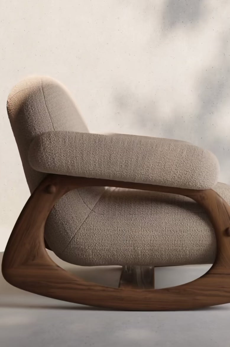 Load video: Roco Chair — Sculptural Walnut Rocking Chair in Bouclé